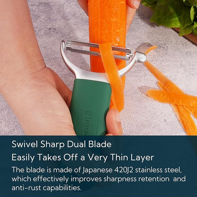 KITCHENDAO Swivel Vegetable Potato Peeler for Kitchen, Japanese Stainless Steel Sharp Blade, Heavy Duty Die-cast Construction Y Peeler, Built-in Eye Remover, Soft-touch Handle, Dishwasher Safe, Green