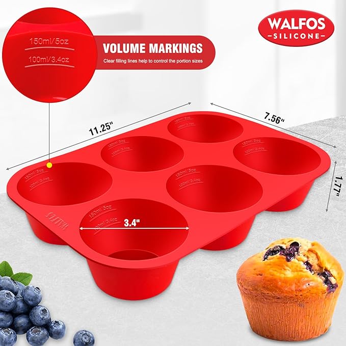 Walfos Silicone Texas Muffin Pan Set- 6 Cup Jumbo Silicone Cupcake Pan, Non-Stick, Just PoP Out! Perfect for Egg Muffin, Big Cupcake - BPA Free and Dishwasher Safe, Set of 2