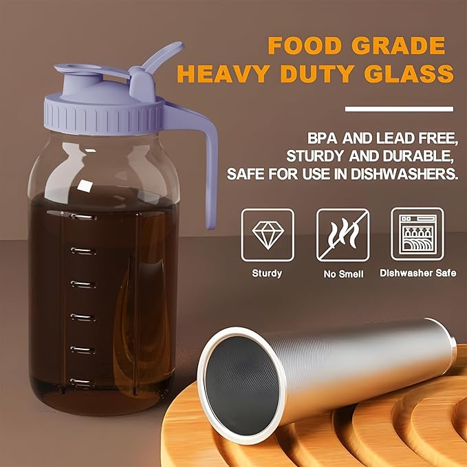 Cold Brew Coffee Maker Jar - 64oz Thick Glass Multipurpose Mason Pitcher Spout Lid with Handle & Stainless Steel Filter for Iced Coffee, Lemonade, Ice Tea, Homemade Fruit Drinks Container
