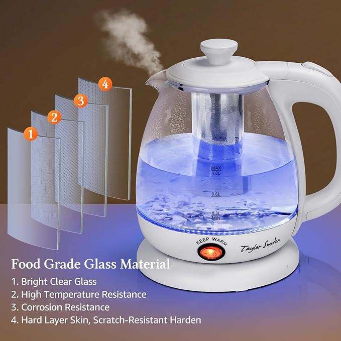 Taylor Swoden Electric Kettle with Tea Infuser, 1L Small Electric Tea Kettle with Keep Warm, LED Light Hot Water Boiler & Heater for Coffee & Tea, Auto Shut-Off & Boil Dry Protection, BPA Free, White