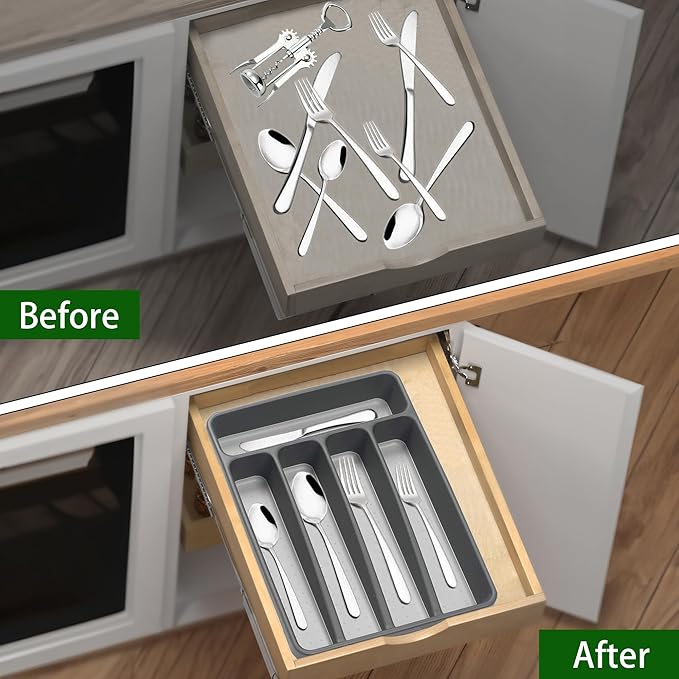 Silverware Organizer 2 Pieces Utenisl Organizer Holder Kitchen Drawer Organizer Plastic Silverware Tray for Drawer Flatware Organizer 5 Compartment Black