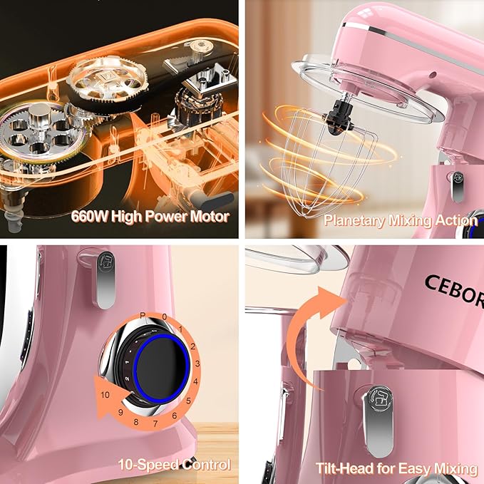 3-IN-1 Electric Stand Mixer, 6.5QT Bowl 660W 10-Speed Kitchen Mixer, Household Food Mixers include Dough Hook, Beater and Whisk, Bread Cake Mixer for Baking and Most Home Cooks, Pink