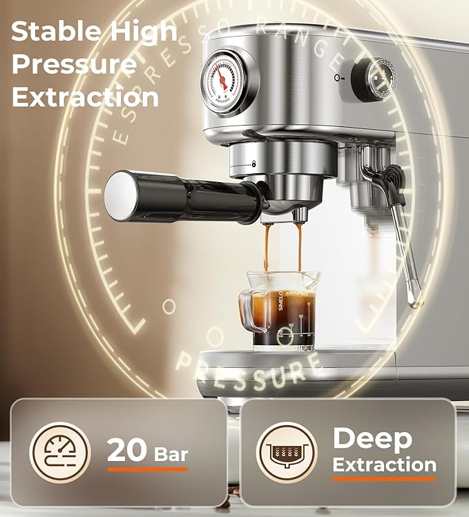 Espresso Machine with Milk Frother, 20 Bar High Pressure Professional Espresso Maker Automatic, Compact Stainless Steel Coffee Machine for Cappuccino, Latte, Gift for Coffee Lover, Dad or Mom, Silver