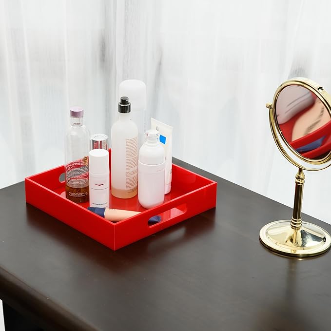 Sturdy Red Acrylic Serving Tray with Handles - 12x12 Inch - Coffee & Appetizer Platter - Kitchen Counter & Vanity Organizer