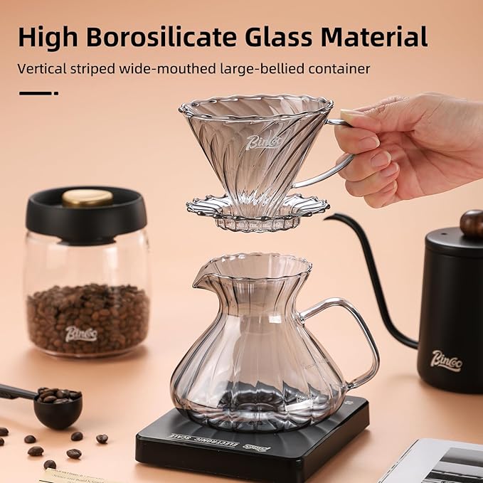 Bincoo Pour Over Coffee Maker Set,650ML Borosilicate Glass Carafe with Coffee Driper&50pcs Paper Filter,Glass Coffee Maker for Home Café Restaurant(Gray)