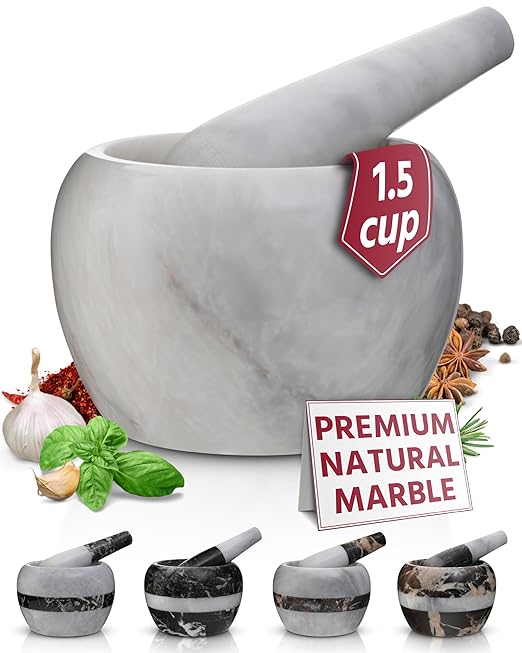 Gusto Nostro Natural Marble Mortar and Pestle Set Small| 4 Inch - 1.5 Cup | Mini Mortar Pestle Set for Grinding Herbs, Nuts, Grains | Pesto Grinding and Guacamole Stone Bowl | Marble Spice Crusher