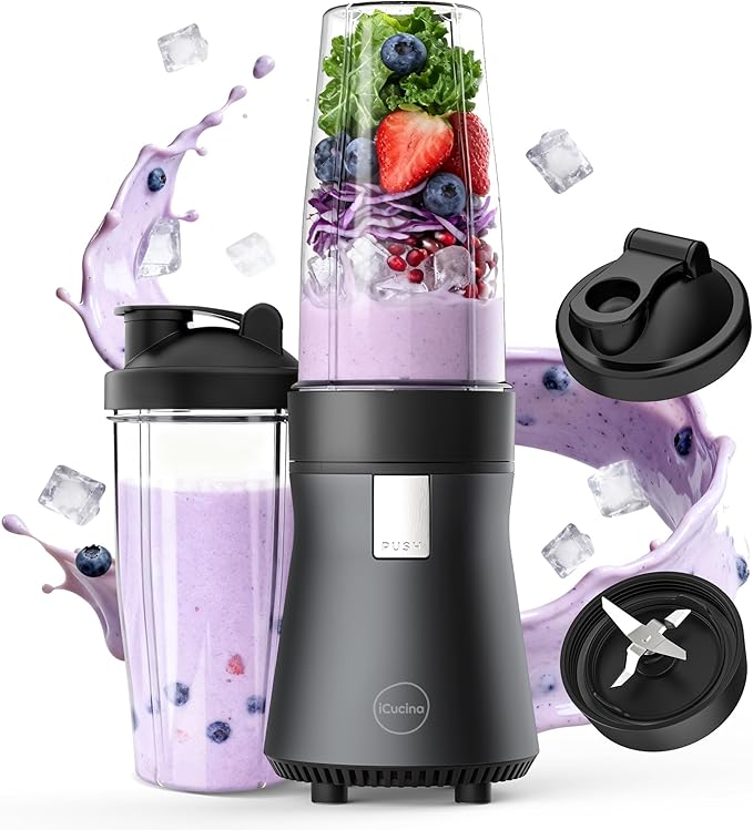 iCucina Smoothie Blender, Personal Blender for Shakes and Smoothies, 500W Pulse Technology Single Serve Blenders with 2 x 28oz Protable Cups for Ice Crush, Frozen Fruit Drinks