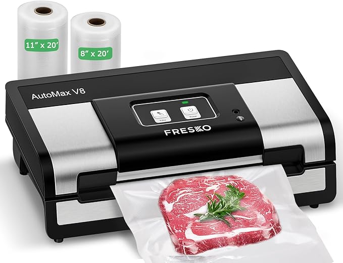 Fully Automatic Vacuum Sealer, 95Kpa Powerful Food Vacuum Sealer Machine, Auto Dry-Wet Detection | Bag Cutter | 2 Rolls Bags | Effortless Operation, Silver - Black
