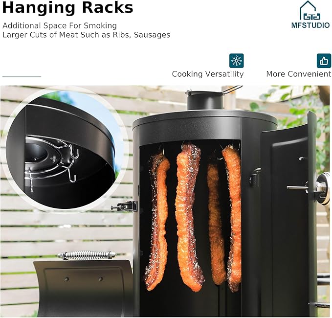 MFSTUDIO Vertical Offset Smoker Charcoal Grill,Extra Large BBQ Barrel Grills and Drum Smoker Combo with hanging racks and 5 removable grates for Smoking,ourdoor barbecue cooking,961 SQ.IN.Area