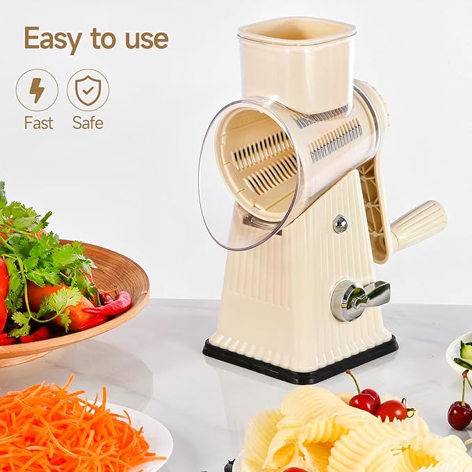 Xilrvna RotaryCheese Grater,VegetableShredder 5 in 1 Cheese Grater with HandleedderReinforcedSuction,EasytoClean,KitchenChopperforCrushedIce,Fruits and Nuts with Blade Storage Case（White