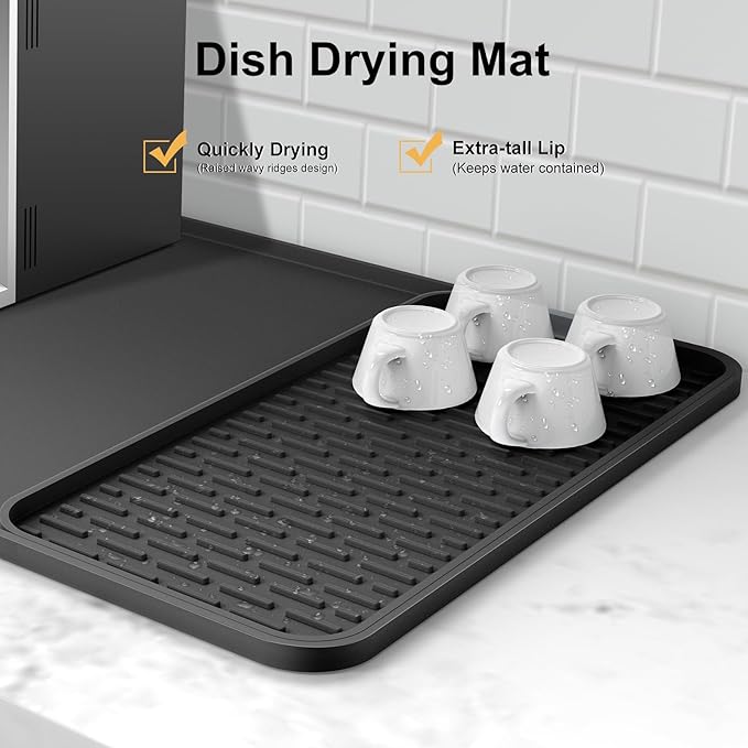 Silicone Coffee Mat,16''x16'' Coffee Bar Mat with Detachable Dish Drying Mat for Kitchen Countertops,Coffee Bar Accessories Fit Under Coffee Maker Coffee Machine Coffee Pot Espresso Machine Dish Rack
