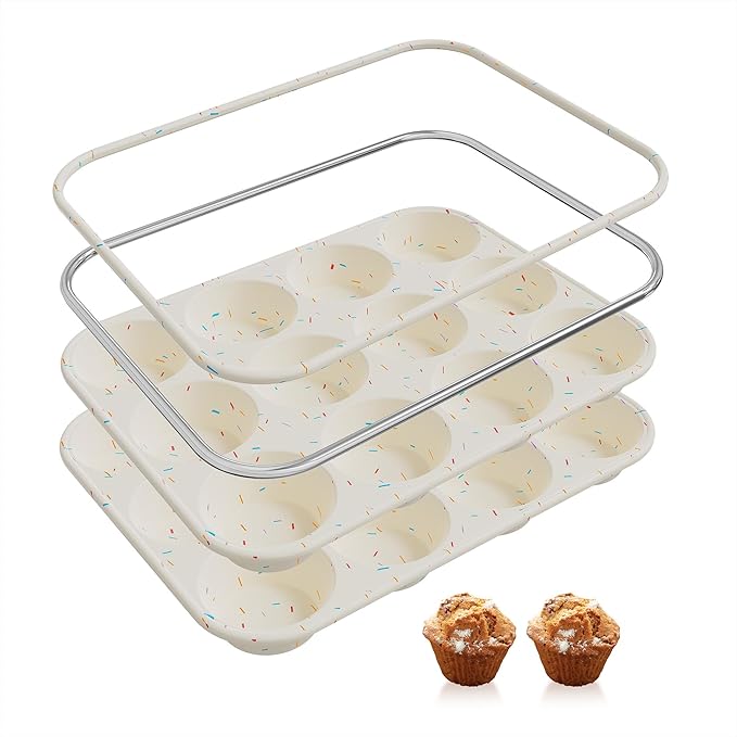 2 Pack 12 Cups Silicone Muffin Pan with Metal Reinforced Frame Regular Size Silicone Molds Cupcake Cake Baking Pans Cookie Baking Chocoflan Cupcake Mold Nonstick Muffin Tin Home Baking Supplies