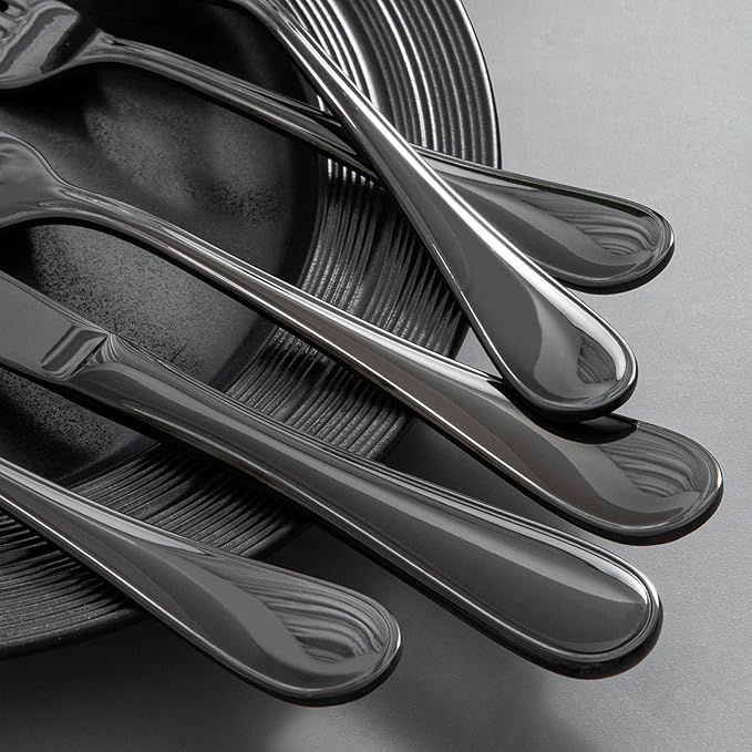 KINGSTONE 60 Piece Teardrop Silverware Set for 12, 18/10 Stainless Steel Flatware Set, Modern Design Cutlery Set for Home/Hotel/Wedding,Mirror Polished and Dishwasher Safe, Black