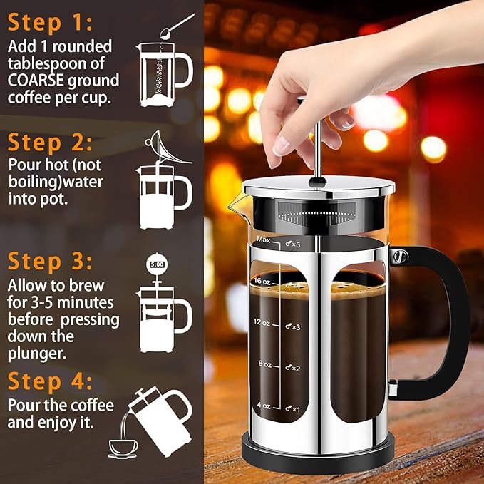 French Press Coffee Maker (21oz 600ML 3-4Cup) Coffee Press, with 4 Filters System, Heat Resistant Thickness Borosilicate Glass, Cold Brew Coffee Tea Pot Gifts (Silvery)