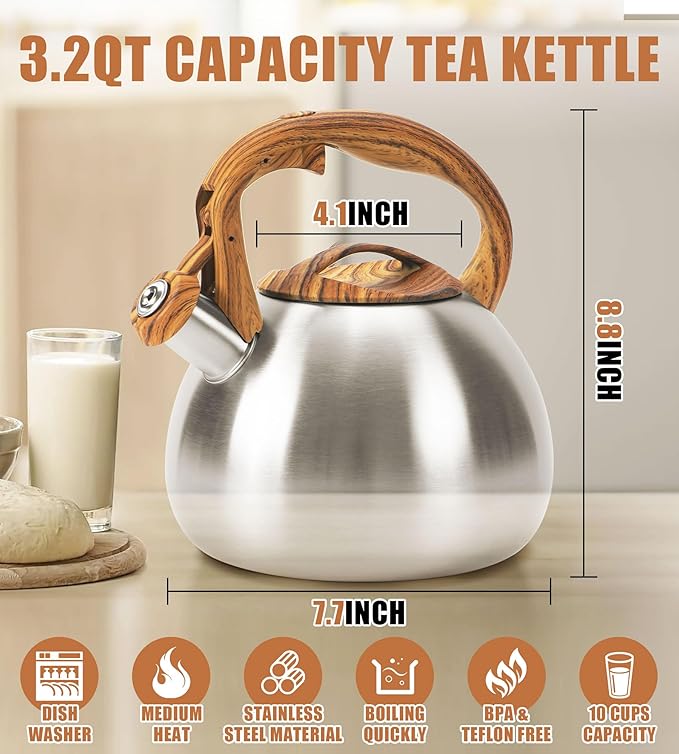 Classic Stainless Steel Whistling Kettle 3.2 Quart - Brushed Metal Finish with Wooden Handle, Stovetop Water Boiler for Home & Kitchen, Loud Alert Whistle & Drip-Free Spout (Silver)