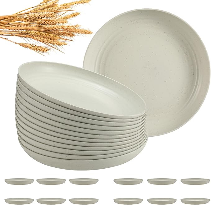 12 Pcs Unbreakable Deep Dinner Plates Set, 10 inch Reusable Plastic Wheat Straw Plates, Microwave and Dishwasher Safe Plate for Kitchen, Lightweight Plate for Dessert, BPA Free, Beige