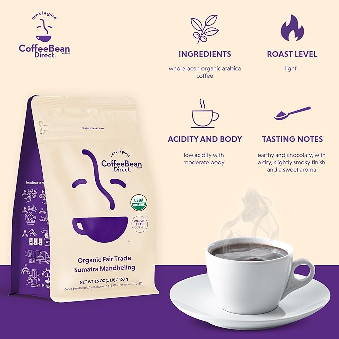 Coffee Bean Direct Organic Fair Trade Sumatra Mandheling, Whole Bean Coffee, Light Roast, 1 Pound Bag (Pack of 1)