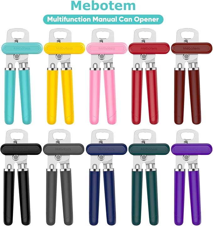 10 Colors Can Opener Manual Handheld Heavy Duty Hand Can Opener Smooth Edge Stainless Steel Can Openers Top Lid Kitchen Gadgets, Best Large Rated Easy Turn Knob, with Bottle Opener, Gray