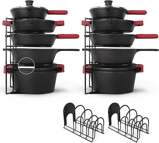 Pan Organizer - 2-PACK of Silicone-Coated Non-Slip 15" Heavy Duty Skillet Rack - Kitchen Counter/Cabinet Organization Storage - Holder for Cookie Sheet, Cutting Board, Cast Iron Cookware, Dish Stand