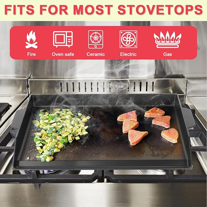 Universal Flat Top Griddle for Gas Grill, Gas Stove,Grill Flat Insert for Outdoor Grills, Stove-Top Griddles for 4 Burner Range Oven, 18.6" × 14" Large Nonstick Cast Iron Cooking Griddle