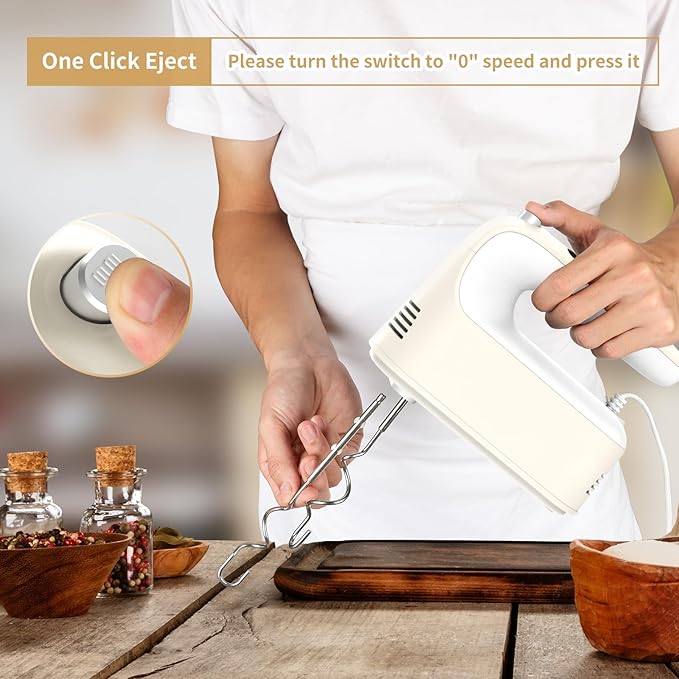 9-Speed Digital Hand Mixer Electric, 400W Powerful DC Motor, Baking Mixer Handheld with Snap-On Storage Case, 5 Stainless Steel Accessories, Flat Beaters, Dough Hooks, Whisk (Cream White)