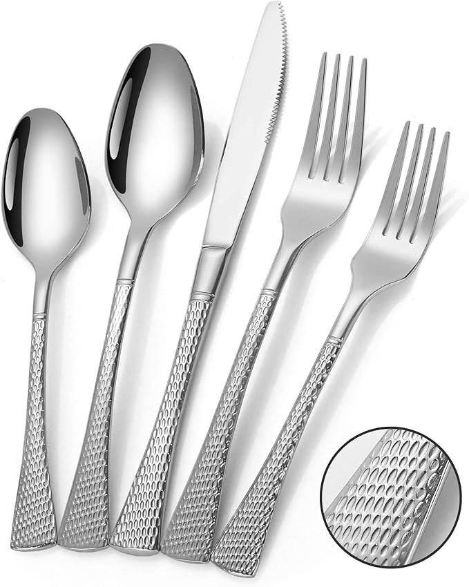 Lemeya Hammered Silverware Set,20 Piece Modern Flatware Set Service for 4,Mirror Polished Stainless Steel Cutlery Set Utensil Set Tableware Set,Kitchen Knives Forks Spoons Set,Dishwasher Safe