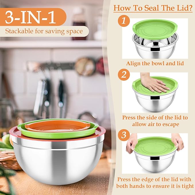 TeamFar Mixing Bowls, Stainless Steel Nesting Salad Bowls with Lids Set & 3 Grater Attachments, For Mixing/Serving/Storing, Non-toxic & Long-lasting, Size 4.6/3 / 1.5 QT, Colorful