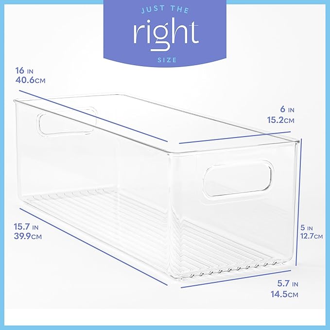 Plastic Food Storage 2 Pack Clear Container Bin with Handles for Organizing Kitchen, Pantry, Refrigerator, Freezer, Pantry, Cabinet, Closet, Bathroom. 16”x6”x5”
