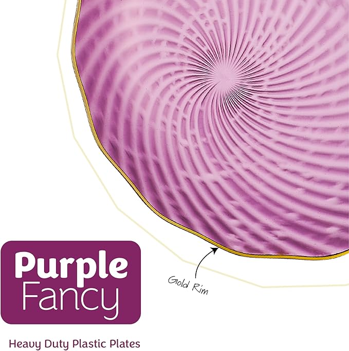PLASTICPRO 120 Pack Plastic Plates Set of 60-10 inch Plates and 60-7 inch Plates, Elegant Clear Purple Spiral and Gold Rim Disposable Fancy Plates Premium Heavyweight