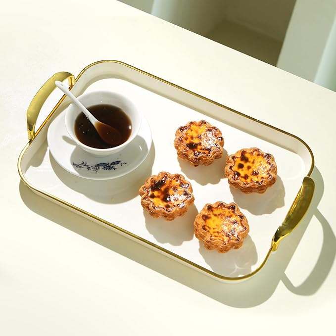Serving Tray with Handles Set of 3 Rectangular Large Serving Platters 16.5/14.9/13.2 Inch White Plates for Dinner, Party, Entertaining, Cream Gold