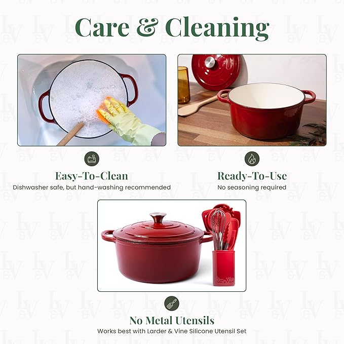 Larder & Vine Enameled Cast Iron Dutch Oven Pot with Lid | Bread Baking | Compatible on All Cooktops & Oven Safe to 500° F | Great for Sourdough Bread | Cabernet