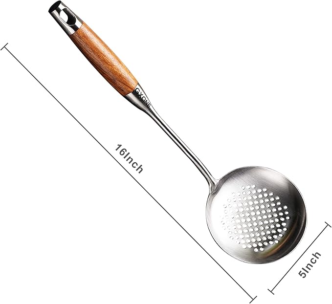 Slotted Spoon,304 Stainless Steel Skimmer Spoon with Heat Resistant Wooden Handle,Silver/15.8Inch