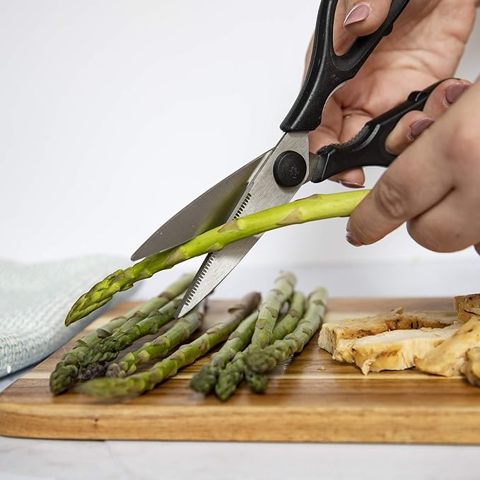 Rae Dunn Kitchen Scissors- Stainless Steel Kitchen Shears, Cooking Scissors for Cutting Meat, Chicken, Herbs and Produce with Blade Cover and Soft Grip Handles (Black)