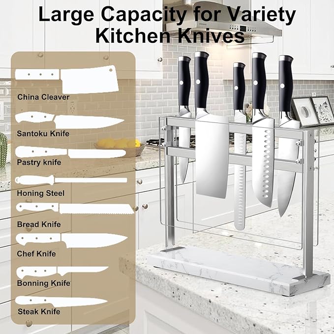 YIIYIIN Magnetic Knife Block with Acrylic Shield - Marble Based Double Side Magnetic Knife Stand - Kitchen Magnetic Knife Holder - Knife Storage - Knife Holders for Counter Top - White