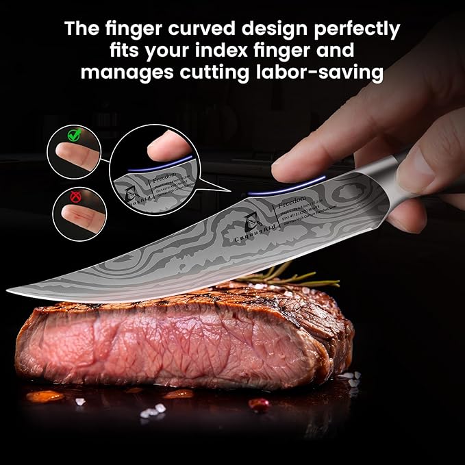 Steak Knives Set of 8, 4.8 Inch Straight Edge Ultra Sharp Durable Meat knives with Rest, High Carbon Stainless Steel Damascus Pattern Triple Rivet Handle, Ideal for Home Restaurant Party
