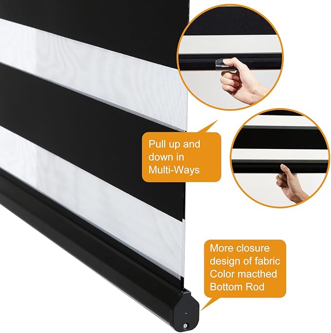 Persilux Cordless Zebra Blinds for Windows (36" W X 72" H, Black) Free-Stop Windows Shades Dual Layer Light Control for Day and Night, Light Filtering Sheer Shades for Home, Easy to Install