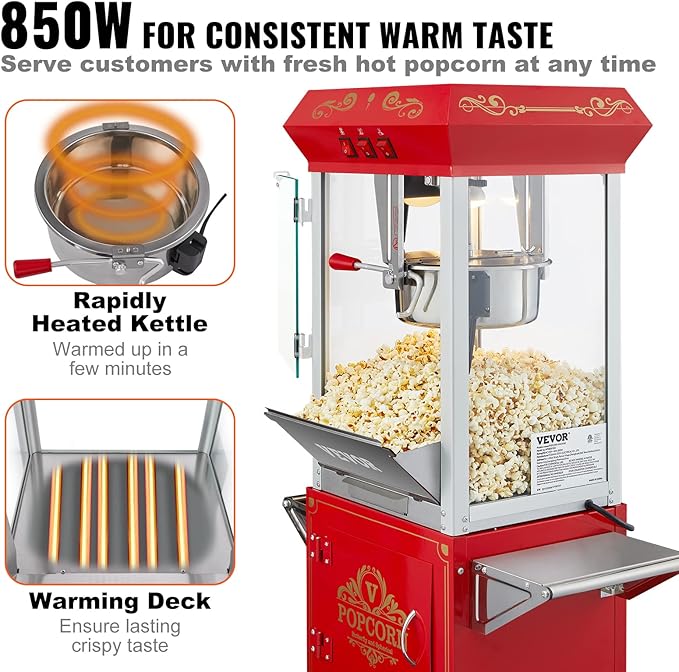 VEVOR Commercial Popcorn Machine, 8 Oz Kettle, 850 W Popcorn Maker on Wheels for 48 Cups per Batch, Theater Style Popper with 3-Switch Control Steel Frame Tempered Glass Doors Cart 1 Scoop 2 Spoons