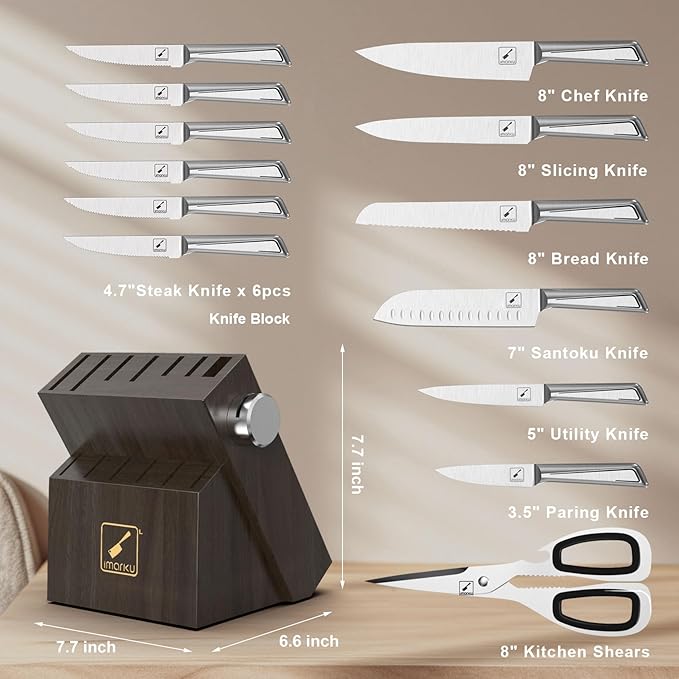 Knife Sets for Kitchen with Block imarku G14 Japanese Knife Set Stainless Steel Kitchen 14pcs, Built-in Sharpener, Sharp Knives with Non-slip Ergonomic Handle - Dishwasher Safe, Home Essential Gifts