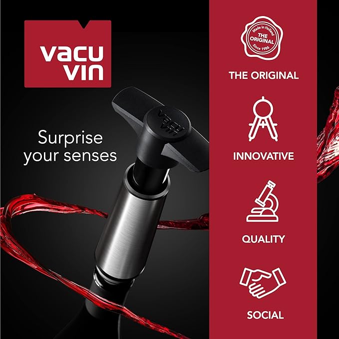 Vacu Vin Wine Saver Pump Blue with Vacuum Wine Stopper - Keep Your Wine Fresh for up to 10 Days - 1 Pump 4 Stoppers - Reusable - Made in the Netherlands