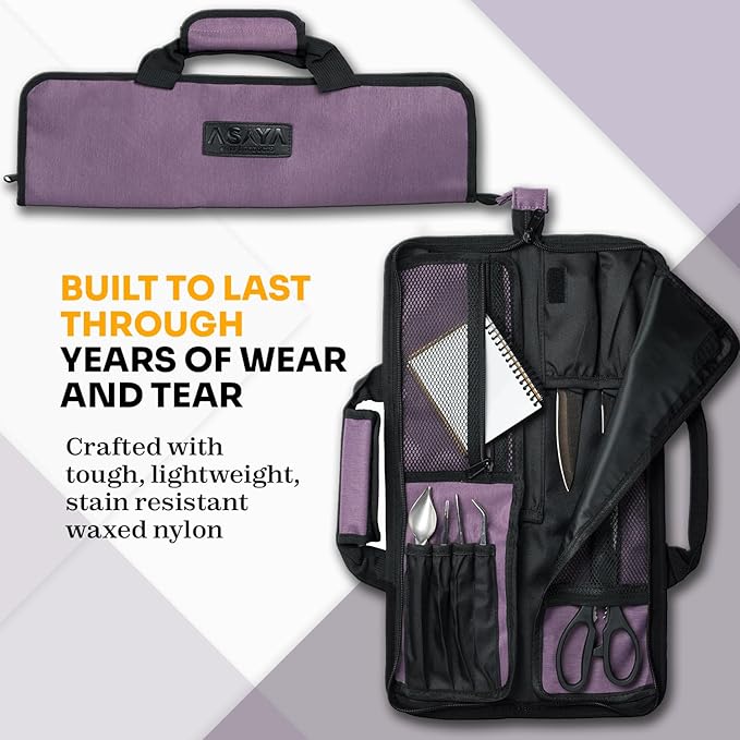 Asaya Chef Knife Roll Bag - 12 Pockets for Knives and Kitchen Utensils - Lightweight, Durable, and Stain Resistant Nylon - Perfect for the Traveling Chef - Knives not Included (Purple)