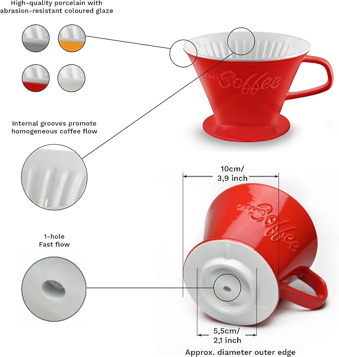 Creano Porcelain Coffee Dripper Saffron Yellow - Ceramic Cone Brewer - Pour Over Coffee Maker for Filter Bags Size 4 - Easy Manual Brew for pure taste - also for Camping, Hiking
