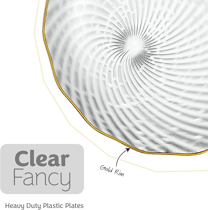 PLASTICPRO 60 Pack Plastic Plates Set of 30-10 inch Plates and 30-7 inch Plate, Elegant Clear Spiral and Gold Rim Disposable Fancy Premium Heavyweight