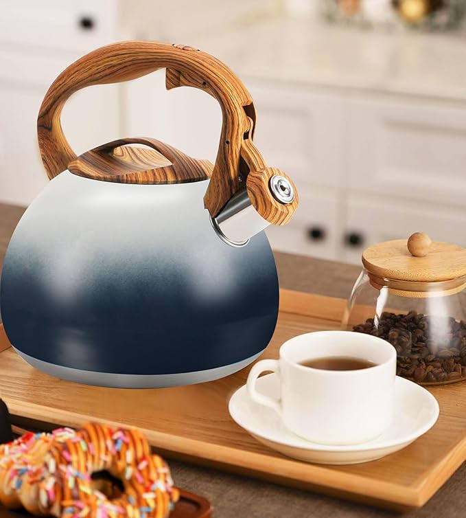 tea kettle stovetop, Loud Whistling kettle for Boiling Water Coffee or Milk, 3.2 Quart Heavy stainless steel tea kettle with Wood Pattern Handle, Gas Electric Applicable - Black & white