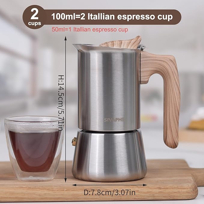 Sivaphe Stovetop Espresso Maker Stainless-Steel 3.5 oz, 1-2 Cup Coffee Maker Induction Moka Pot, 100ml Moka Campaing Coffee Pot, Induction Italian Mocha Pot with Step-by-step Instructions(1 Cup=50ml)