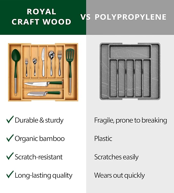 ROYAL CRAFT WOOD Luxury Bamboo Kitchen Drawer Organizer - Silverware Organizer, Utensil Holder & Cutlery Tray Drawer Dividers for Flatware (9 Slot, Natural)