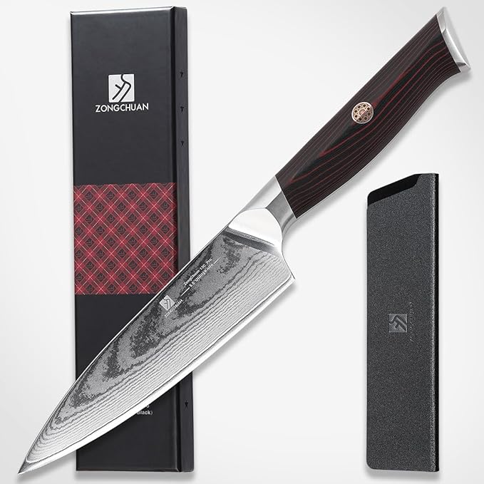 Utility Knife,5.5inch Damascus knife,67-Layer High Carbon Stainless Steel Kitchen Knife,Professiona Sharp Cutting Knives with Ergonomic Red G10 Handle,Gift Box for Home and Kitchen Birthday Gift