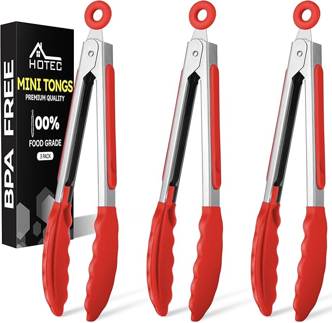 Hotec Mini Silicone Kitchen Tongs for Cooking - 7-Inch Small Serving Tongs with Silicone Tips, Set of 3 (Red)