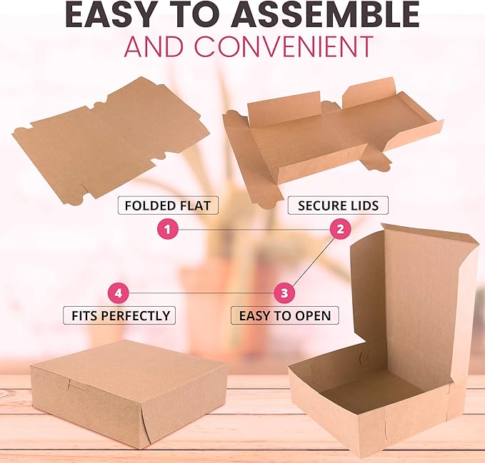 Fit Meal Prep [250 Pack] Kraft Bakery/Pie Box 8 x 8 x 3 Inch - Brown Paper Cardboard Gift Packaging, Top Lids, Corner Lock, for Cupcake, Cookies and Pastry, Restaurant, Shipping Containers and Personalized Favors, Kraft Brown