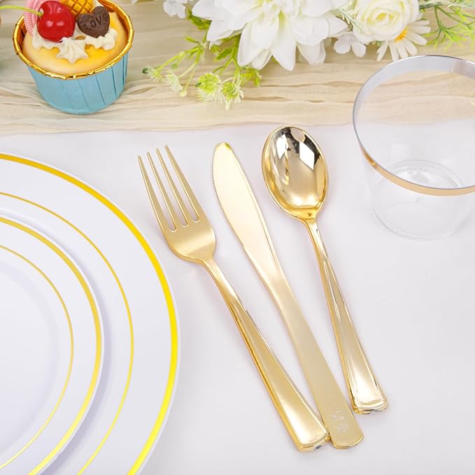 bUCLA 600Pcs White and Gold Plastic Plates - Gold Disposable Dinnerware Set for 100 Guests Include 100 Dinner & 100 Dessert Plates, 100 Cups, 100 Forks, 100 Spoons, 100 Knives for Thanksgiving