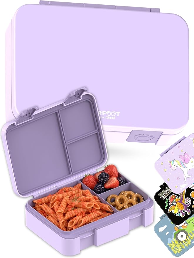 BEARFOOT Kids Lunch Box with Compartments – Compact & Lightweight | Leak-Proof, BPA-Free, Dishwasher & Microwave Safe | Hand-Drawn Design for Preschool, School, Travel (Purple, 4 Cups)